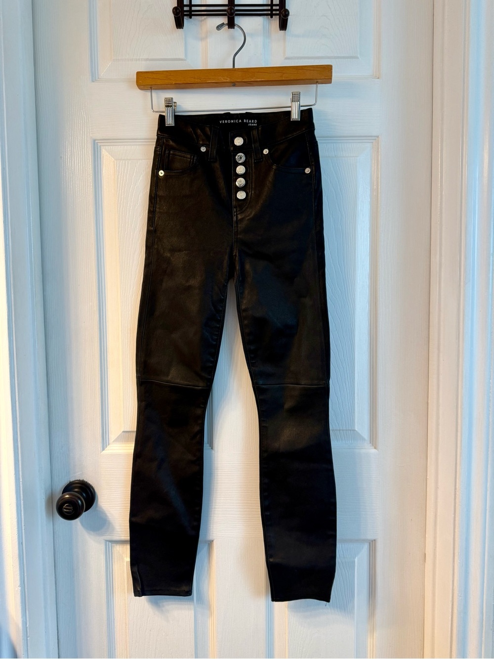 NWT Veronica Beard Black Lamb Skin Leather Stretch Button-Fly Skinny